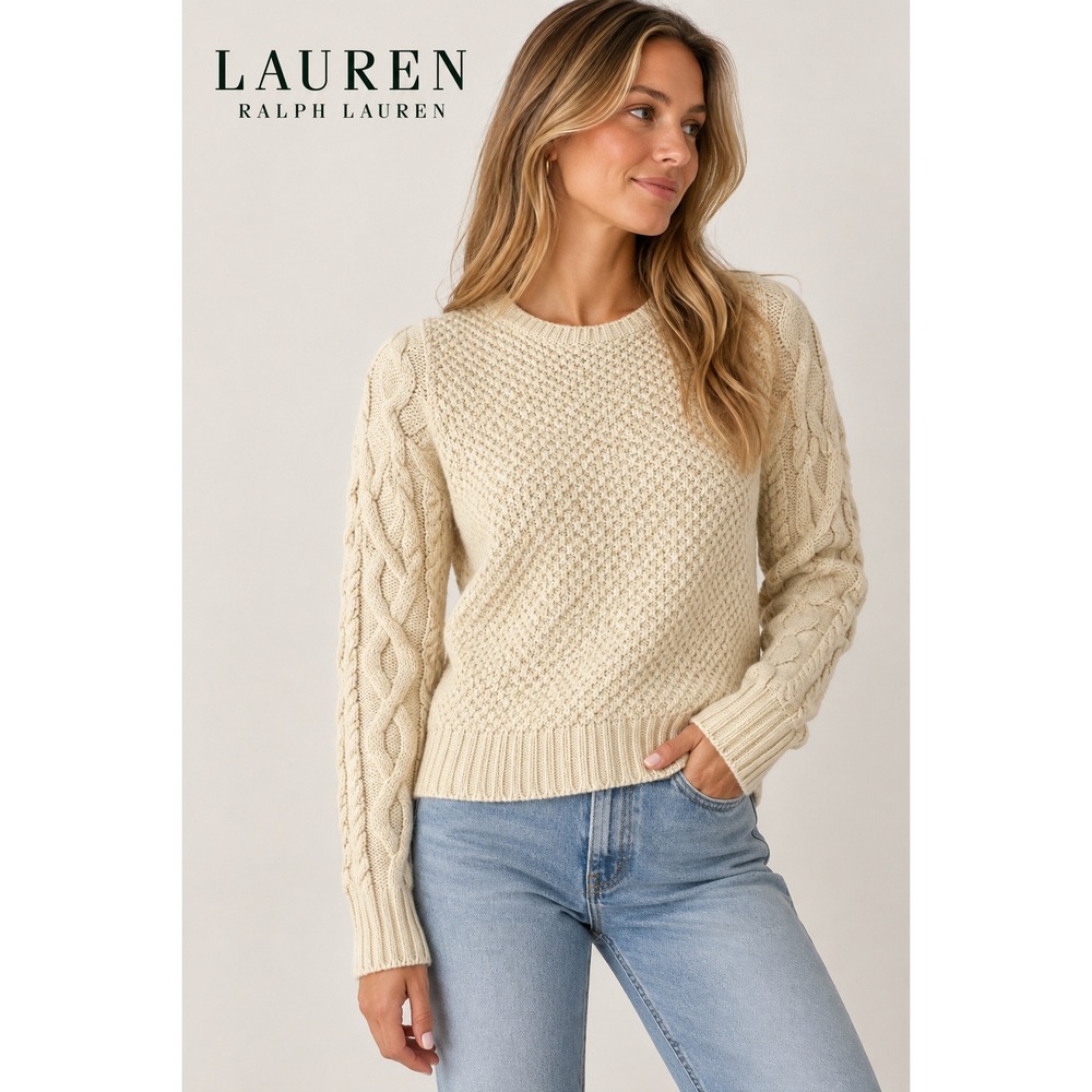 Lauren Ralph Lauren Cream Cable Knit Popcorn Stitch Crewneck Sweater Womens M